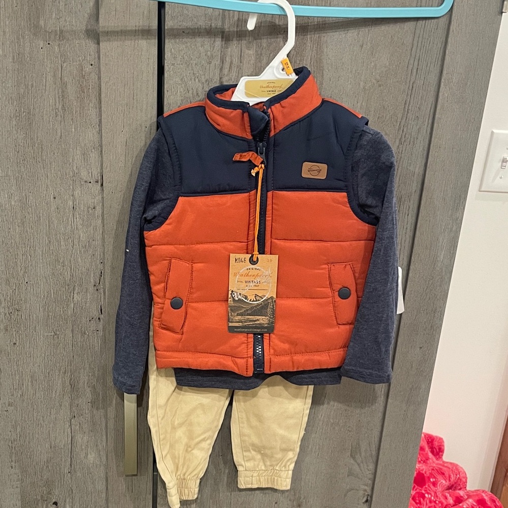 NWT Orange and Navy Puffer Vest, shirt with Beige Pants Set